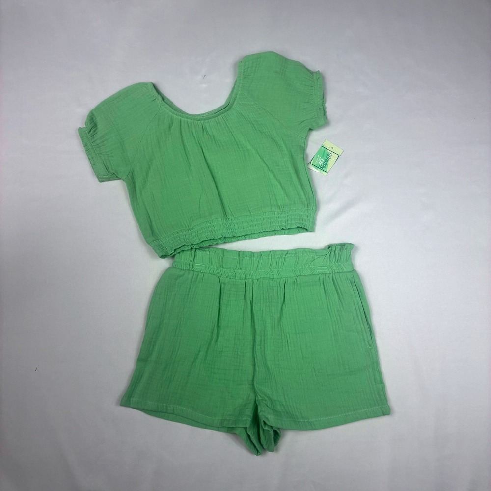 Girls 2pc‎ Set 10/12 Green NEW Cotton Gauze Crop Top Matching Set